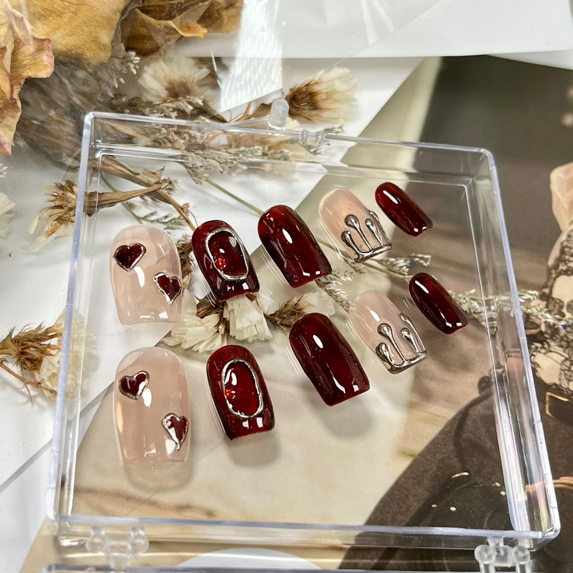 Passionate Red Cat’s Eye Press-On Nails with Crown and Heart Designs - Wedding & Party Ready