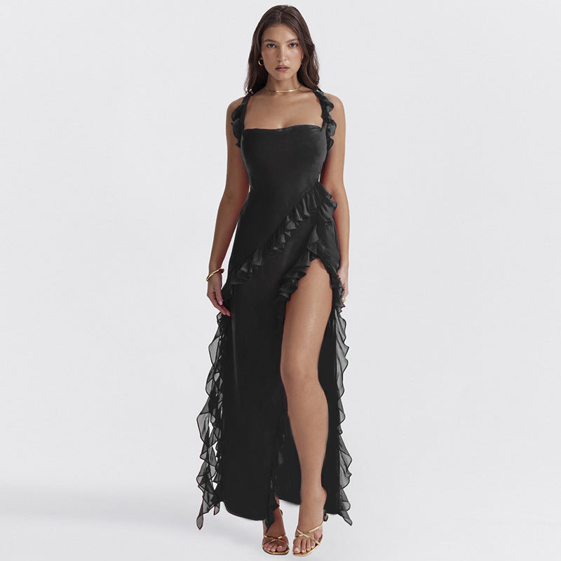 Sexy Backless Suspender Dress: Stunning Square Neck Thigh-High Split for Evening Wear