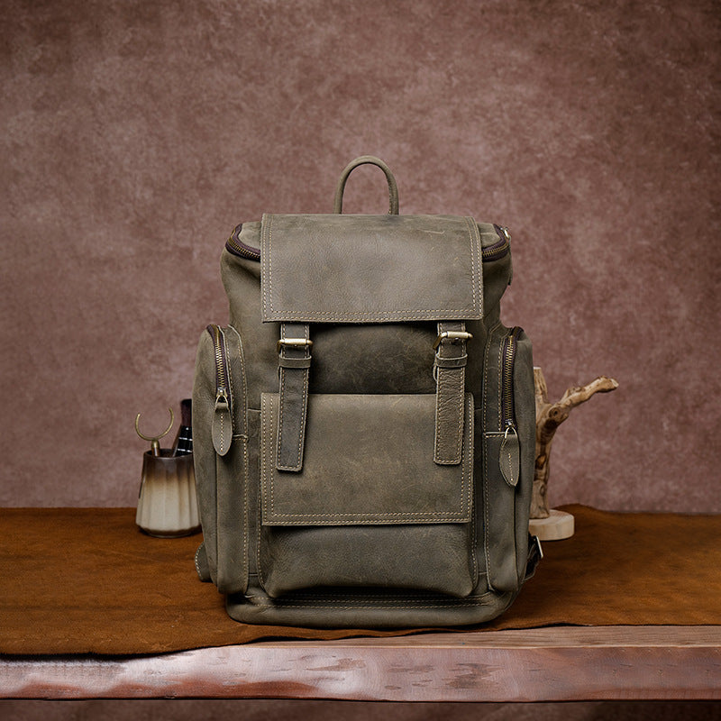 Men’s Genuine Leather Laptop Backpack – Large Capacity 15.6-Inch Computer Bag for Travel and Work