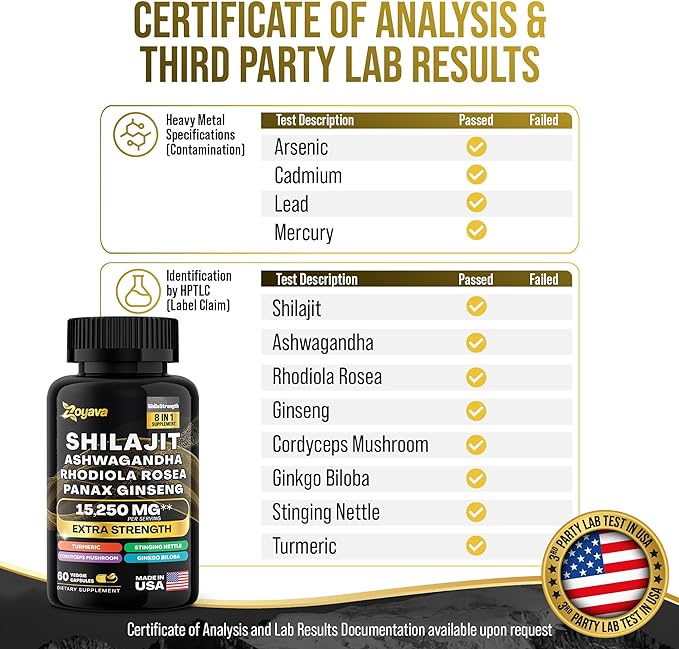 Himalayan Shilajit Energy Booster with Ashwagandha, Rhodiola Rosea, Panax Ginseng, Turmeric, Ginkgo Biloba, Stinging Nettle, and Cordyceps Mushroom - 9000MG Total
