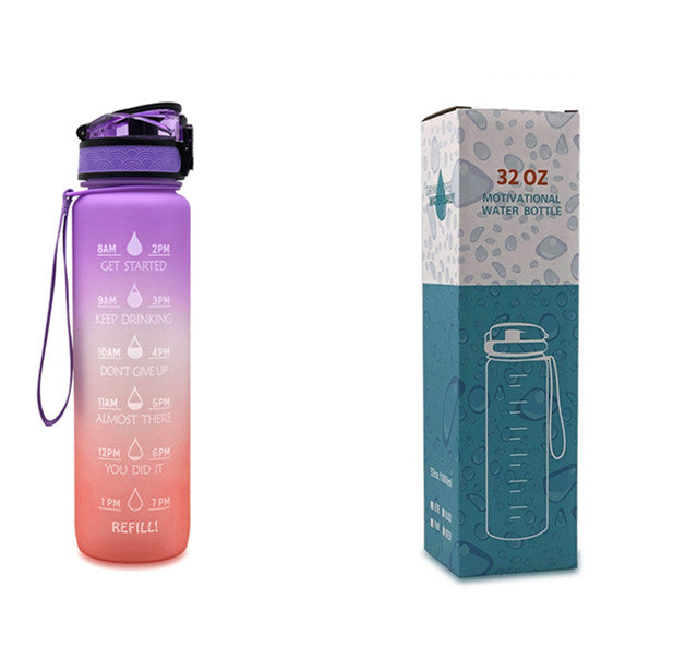 Motivational Water Bottle 1L Tritan with Time Marker, Bounce Cover for Cycling, Leakproof Cup - Ideal for Sports Fitness Bottles