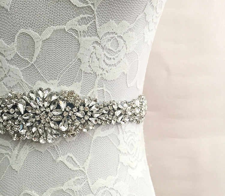 Luxury Crystal Rhinestone Belt with White Satin Ribbon – Statement Waist Accessory for Dresses & Formalwear