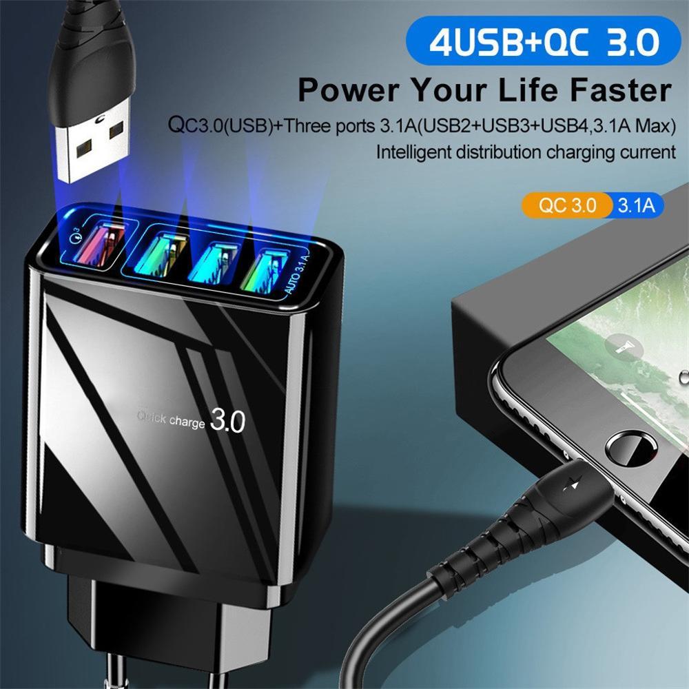 3A Fast Charging 4-Port USB Wall Charger with LED Light – Multi-Device USB Charging Adapter for Phones & Tablets