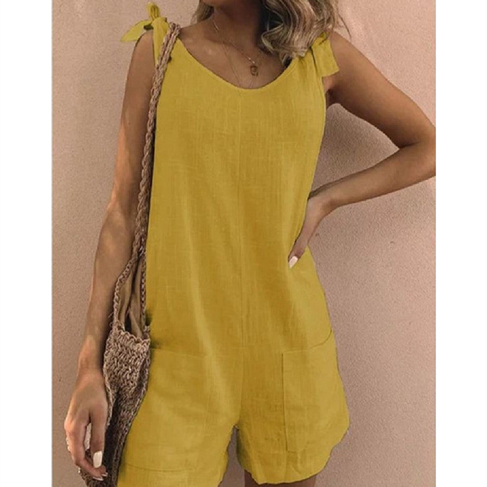 Women’s Summer Street Style Cotton Linen Jumpsuit with Pockets Fashion One Piece