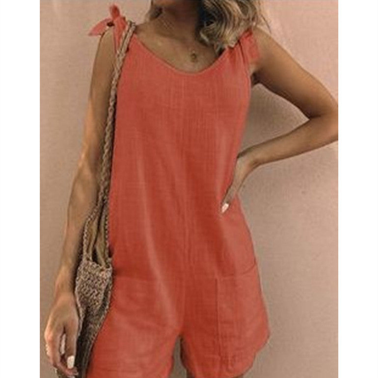 Women’s Summer Street Style Cotton Linen Jumpsuit with Pockets Fashion One Piece