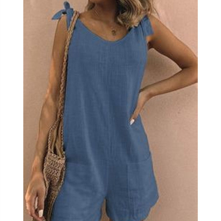 Women’s Summer Street Style Cotton Linen Jumpsuit with Pockets Fashion One Piece