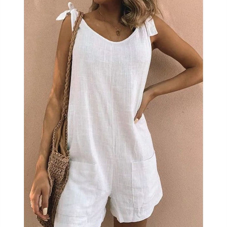 Women’s Summer Street Style Cotton Linen Jumpsuit with Pockets Fashion One Piece