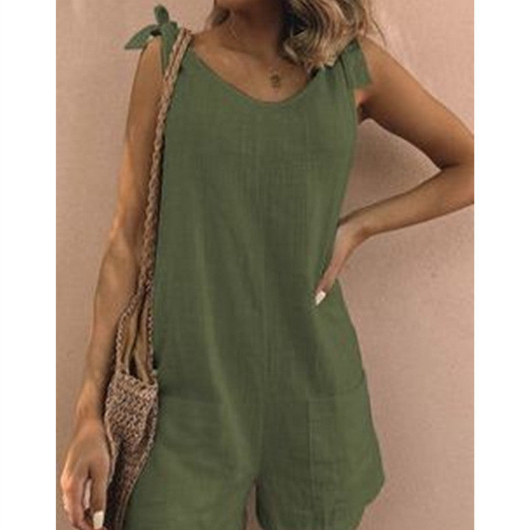 Women’s Summer Street Style Cotton Linen Jumpsuit with Pockets Fashion One Piece