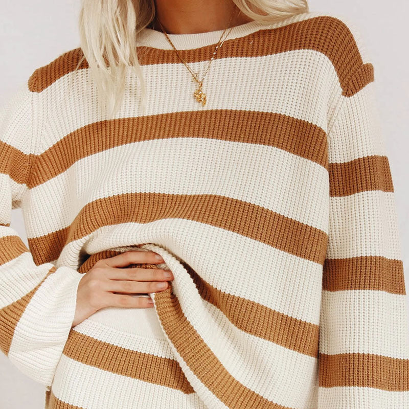 Striped Stitching Loose Sweater Women Shorts Two-piece Suit