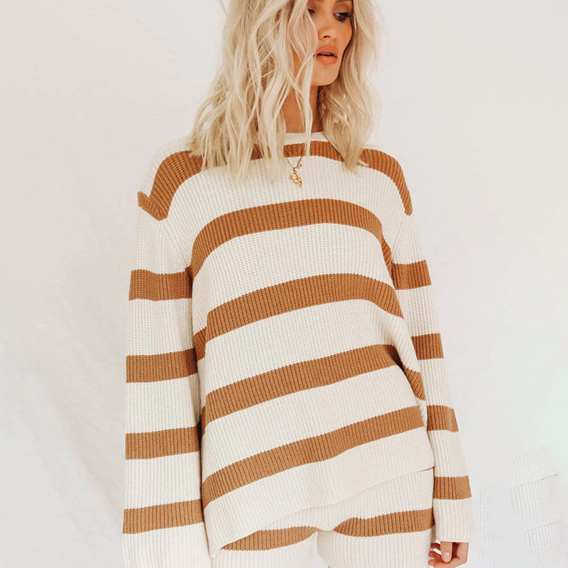 Striped Stitching Loose Sweater Women Shorts Two-piece Suit
