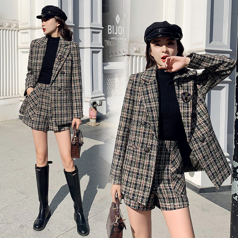 Woolen Plaid Suit Trendy New Style Temperament Suit Jacket Shorts Two Piece Women