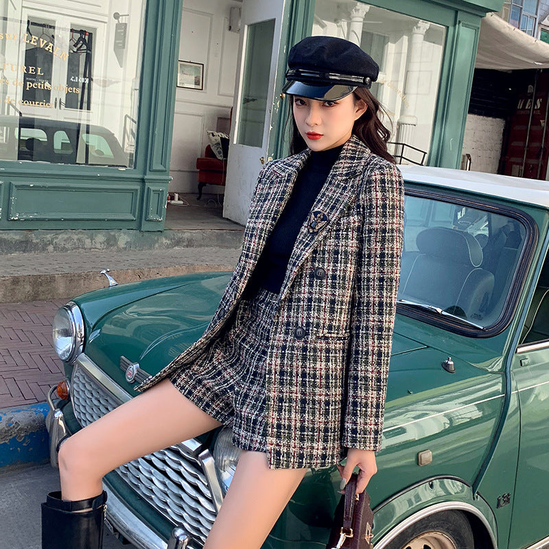 Woolen Plaid Suit Trendy New Style Temperament Suit Jacket Shorts Two Piece Women