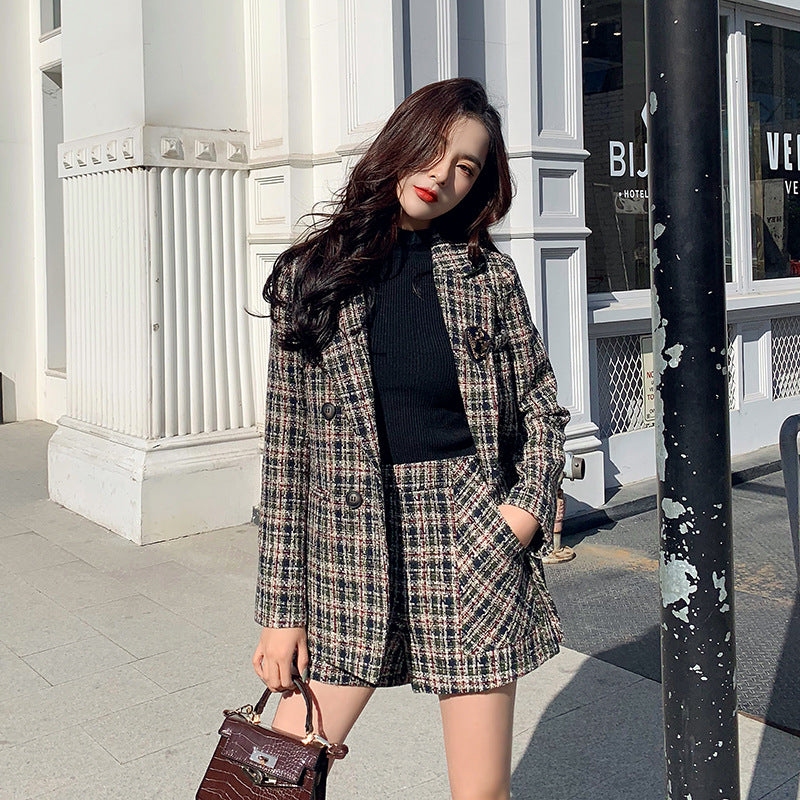Woolen Plaid Suit Trendy New Style Temperament Suit Jacket Shorts Two Piece Women
