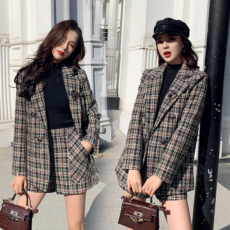 Woolen Plaid Suit Trendy New Style Temperament Suit Jacket Shorts Two Piece Women