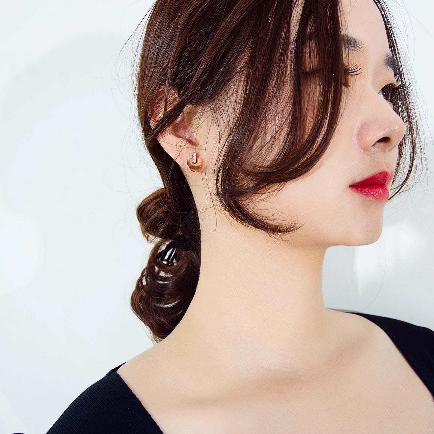 Fashion Titanium Steel Rose Gold Heart Diamond Stud Earrings