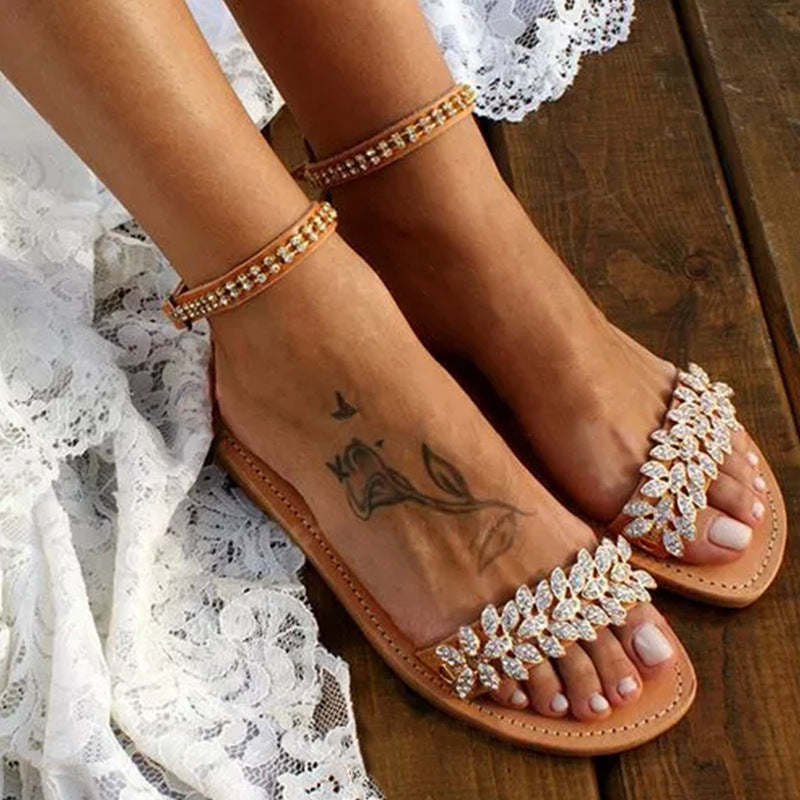 Women's Flat Rhinestone Op En Toe Sandals