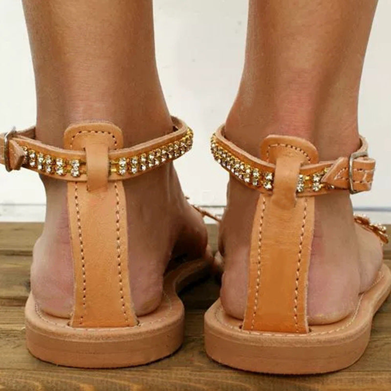 Women's Flat Rhinestone Op En Toe Sandals