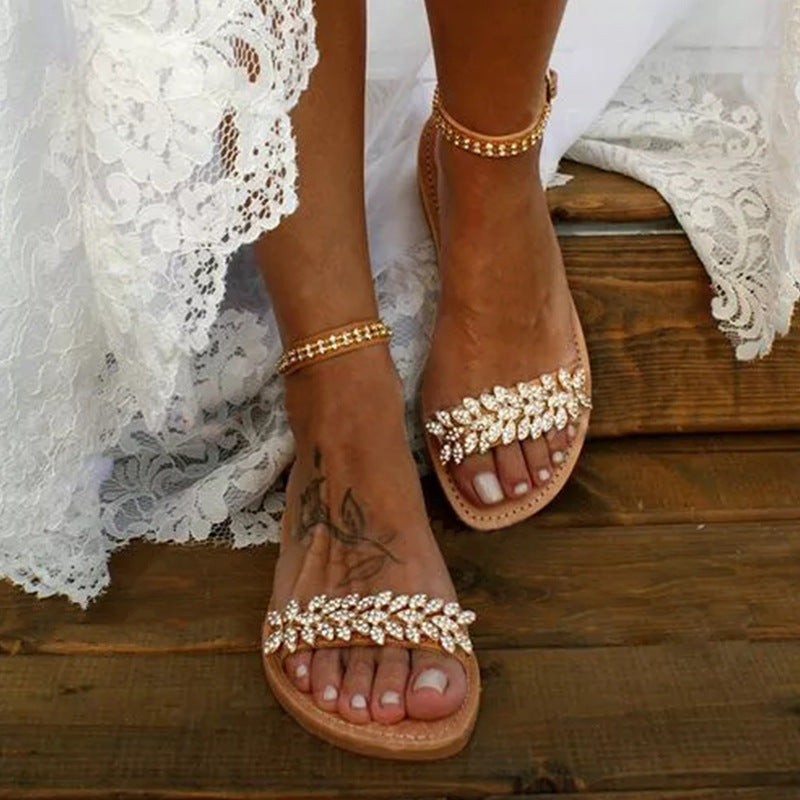 Women's Flat Rhinestone Op En Toe Sandals
