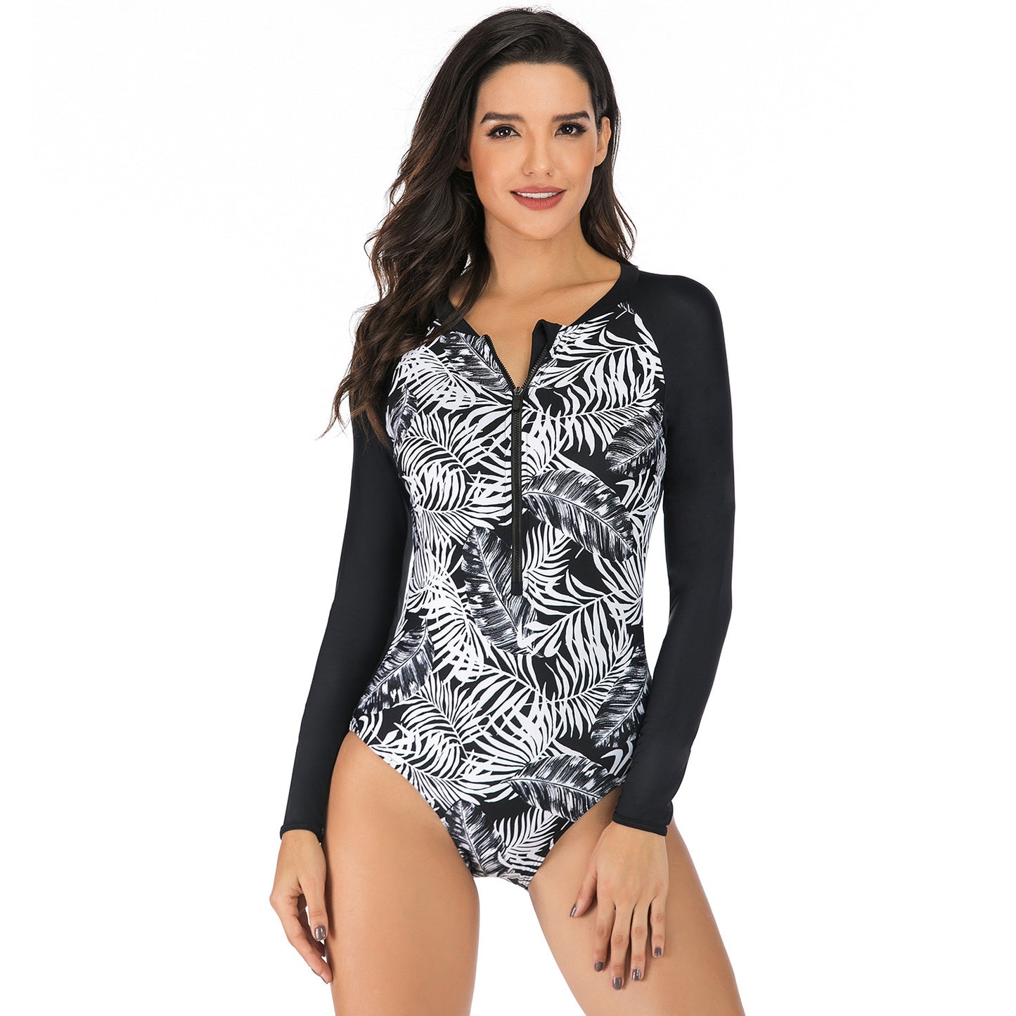 Cross Border Swimsuit Women\'S Long Sleeve Surfsuit Zipper One Piece Swimsuit Printed Swimsuit