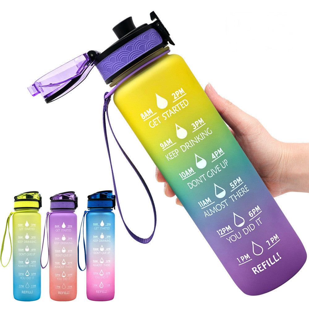 Motivational Water Bottle 1L Tritan with Time Marker, Bounce Cover for Cycling, Leakproof Cup - Ideal for Sports Fitness Bottles