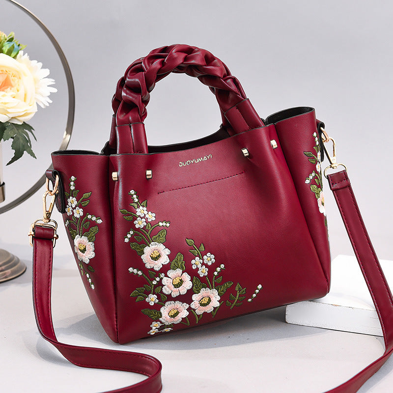 Embroidered Floral PU Leather Handbag – Elegant Braided Handle Tote with Shoulder Strap (8 Colors)