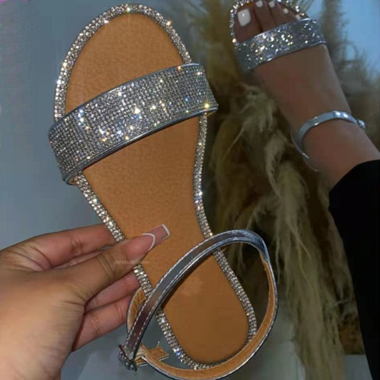 Women's Summer New Large Size Flat Sandals With Rhinestones