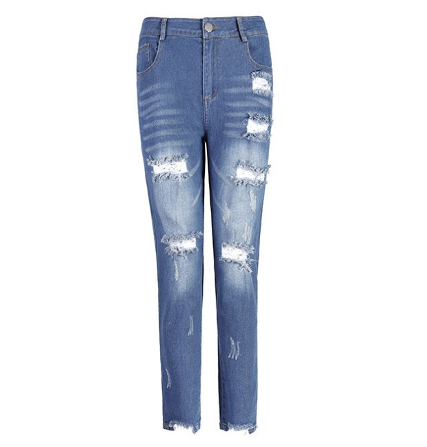 Women’s Mid-Rise Cotton Pencil Jeans - Sexy Pierced Feet Trousers in Black, Blue Black & Sky Blue (S-3XL)