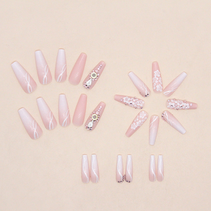 Long Ballet Gradient White Colorful Glitter Tender Girl Fake Nails Wearable