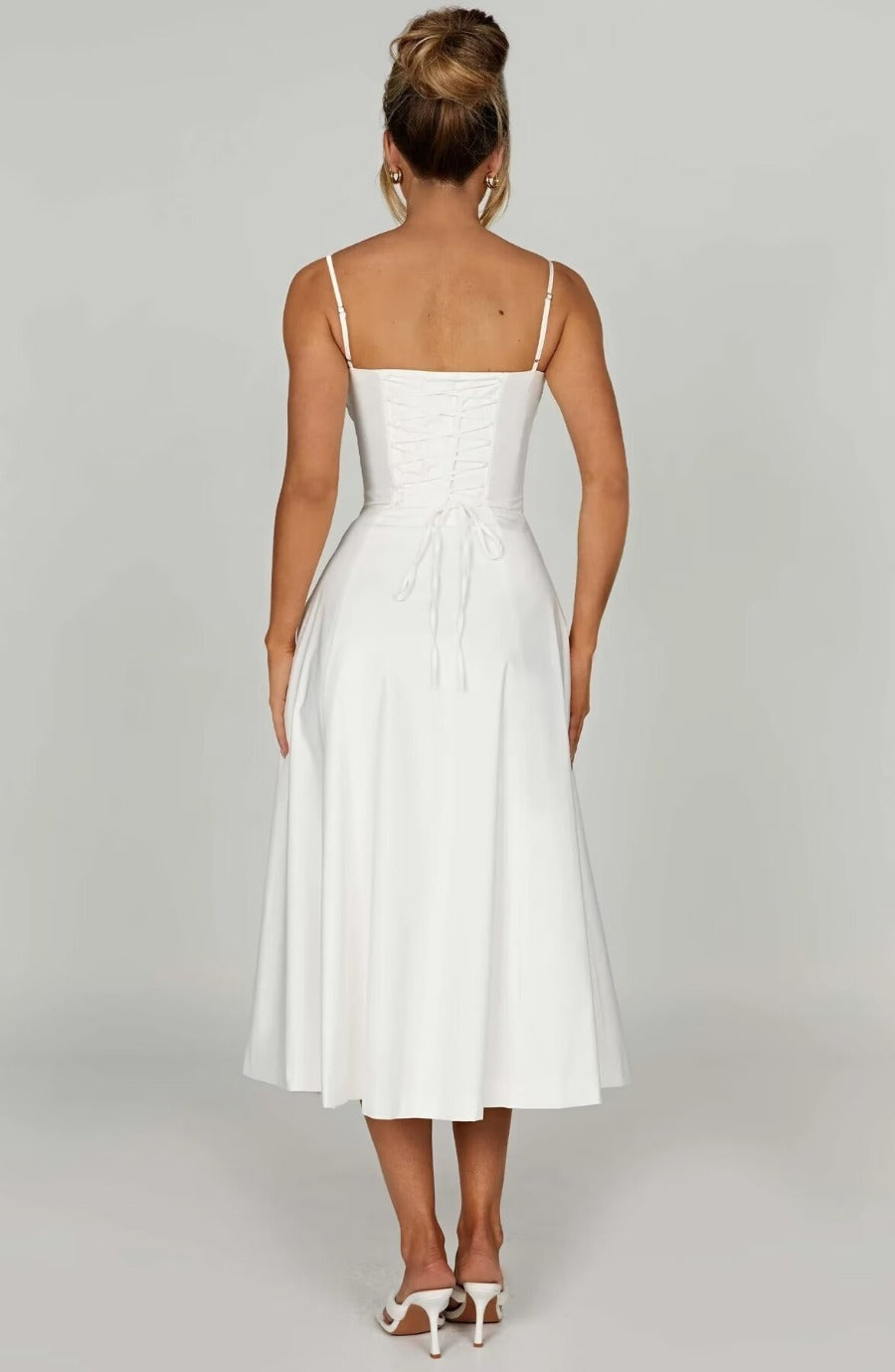 White Corset Midi Dress with Slit – Slim Fit Spaghetti Strap A-Line Style