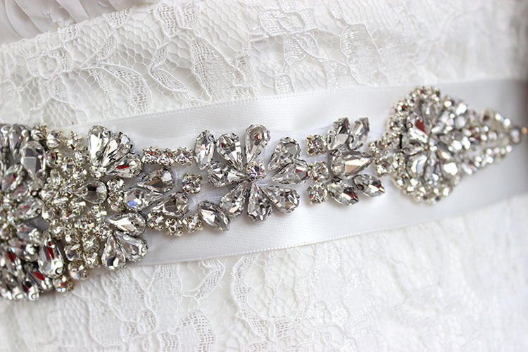 Luxury Crystal Rhinestone Belt with White Satin Ribbon – Statement Waist Accessory for Dresses & Formalwear