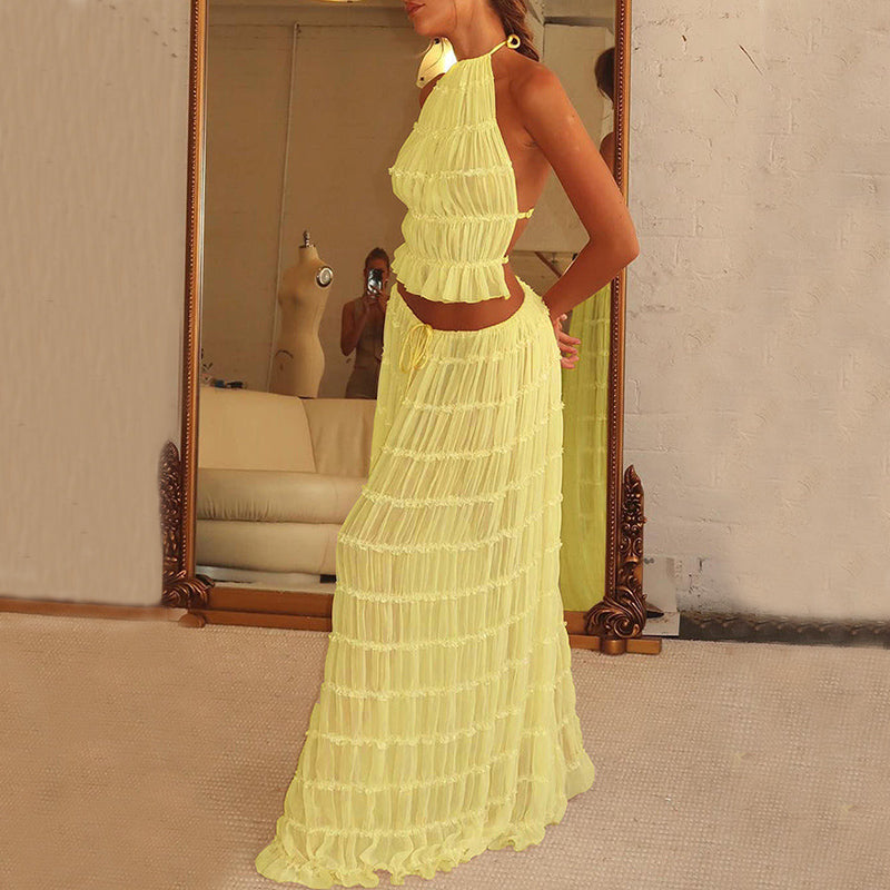 Sexy 2-Piece Backless Halter Crop Top & Oversized Pleated Maxi Skirt – High Waist Summer Dress Set in White or Yellow