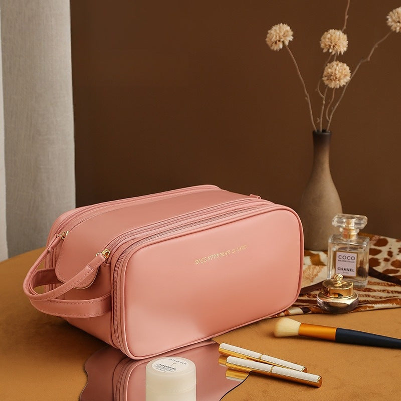 Three-Layer PU Leather Makeup Bag – Large-Capacity Travel Cosmetic Organizer with U-Shape Access