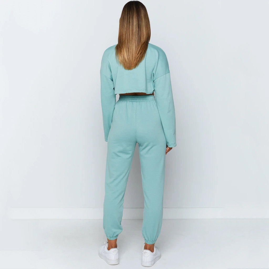 Women’s Sports and Leisure Suit - Long Sleeve Fleece Top & Joggers with Drawstring | Cotton Blend | Plain Pattern