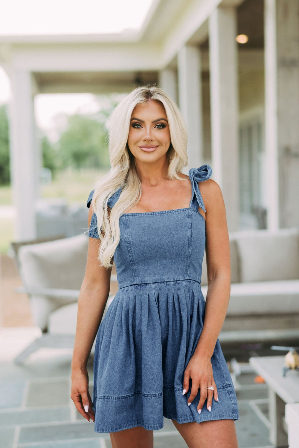 Square Neck Tie Shoulder Denim Dress – Classic, Cool & Unapologetically You