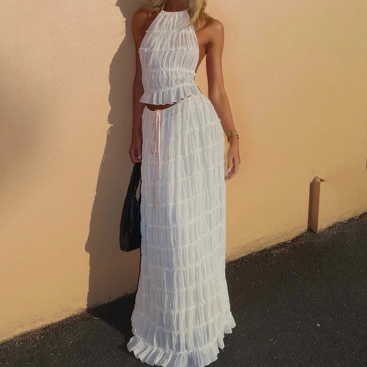 Sexy 2-Piece Backless Halter Crop Top & Oversized Pleated Maxi Skirt – High Waist Summer Dress Set in White or Yellow