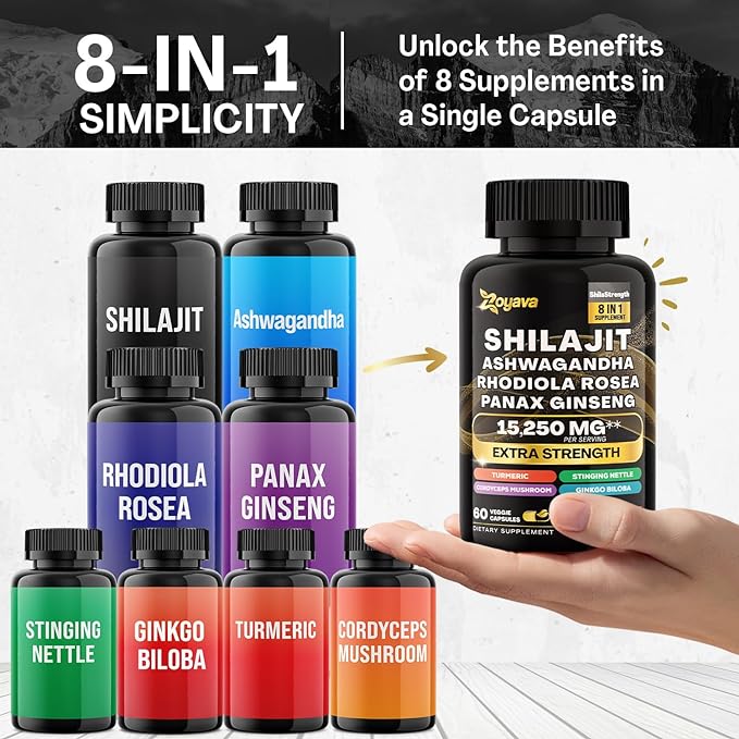 Himalayan Shilajit Energy Booster with Ashwagandha, Rhodiola Rosea, Panax Ginseng, Turmeric, Ginkgo Biloba, Stinging Nettle, and Cordyceps Mushroom - 9000MG Total