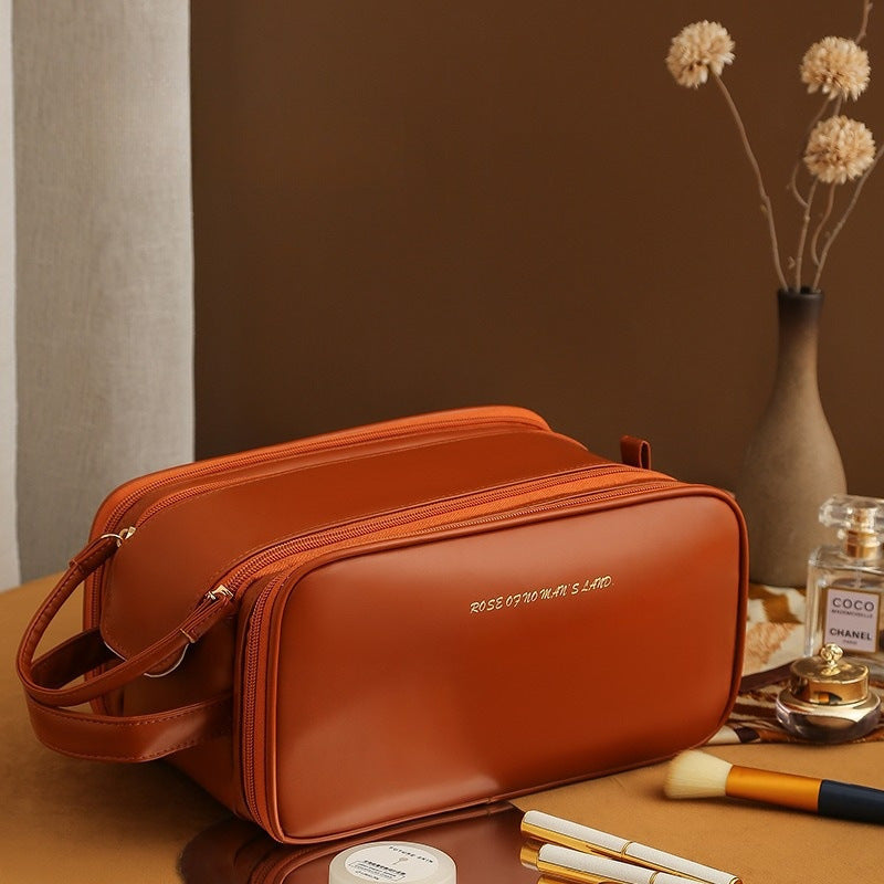 Three-Layer PU Leather Makeup Bag – Large-Capacity Travel Cosmetic Organizer with U-Shape Access