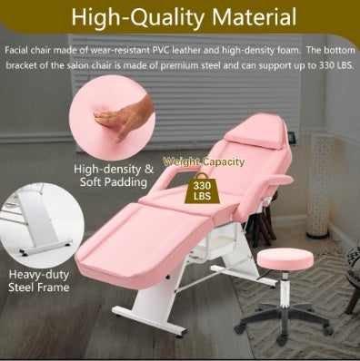 Adjustable 3-Section Massage Salon Chair with Hydraulic Stool & Trays – Multi-Purpose Esthetician Facial Bed for Spa, Beauty, Barber Shops – Pink