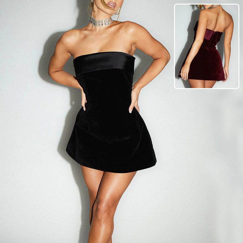 INS Slim Tube-Top A-Line Dress – Women’s Fashion Zipper Short Party Evening Dress