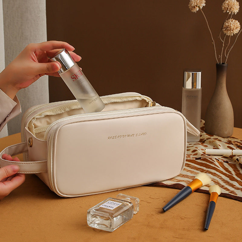 Three-Layer PU Leather Makeup Bag – Large-Capacity Travel Cosmetic Organizer with U-Shape Access