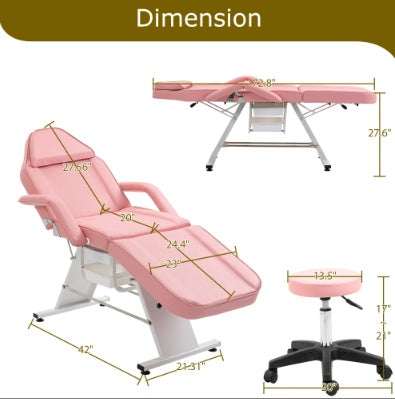 Adjustable 3-Section Massage Salon Chair with Hydraulic Stool & Trays – Multi-Purpose Esthetician Facial Bed for Spa, Beauty, Barber Shops – Pink