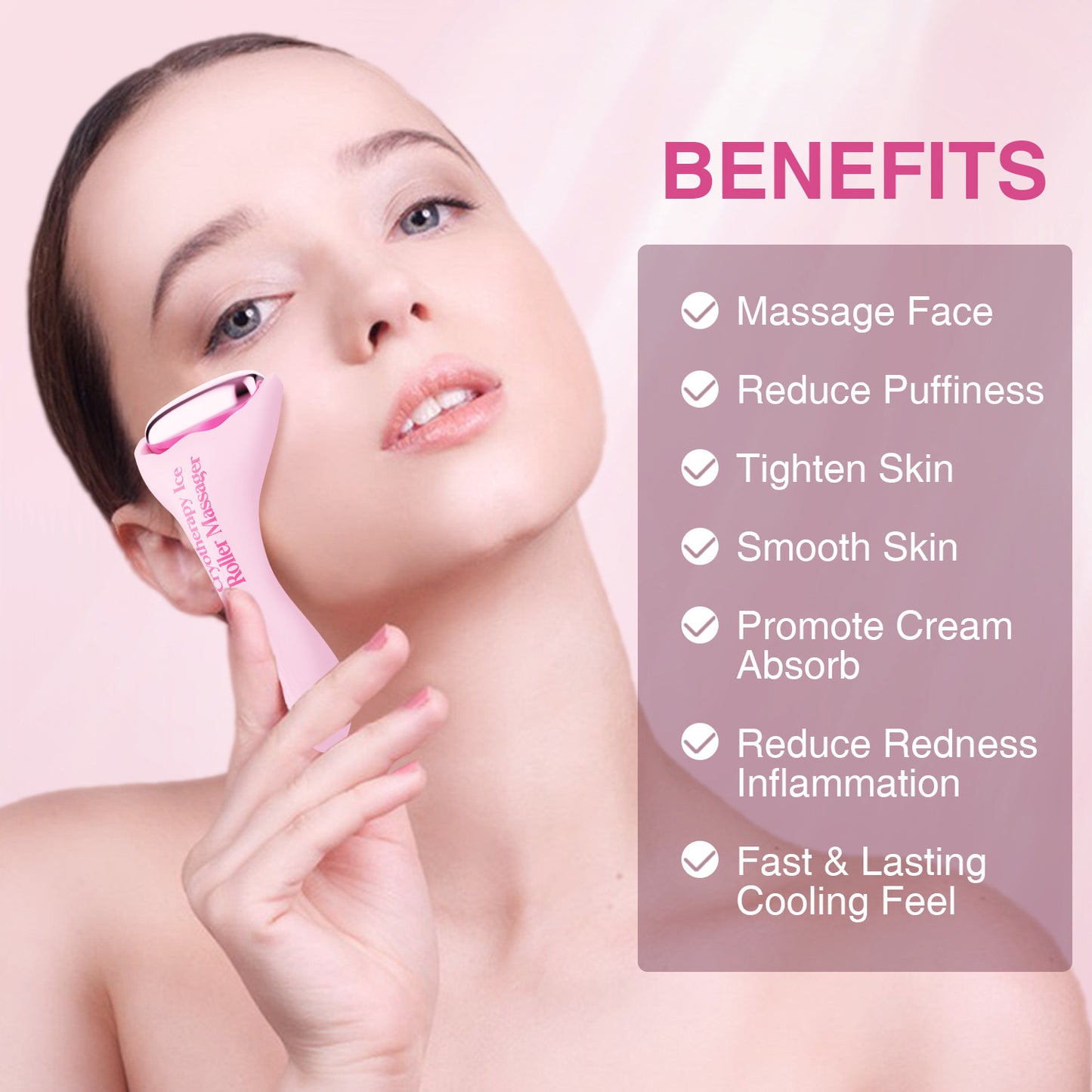Pink Ice Roller – Beauty Instrument for Facelift, Puffiness & Product Absorption