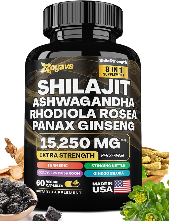 Himalayan Shilajit Energy Booster with Ashwagandha, Rhodiola Rosea, Panax Ginseng, Turmeric, Ginkgo Biloba, Stinging Nettle, and Cordyceps Mushroom - 9000MG Total