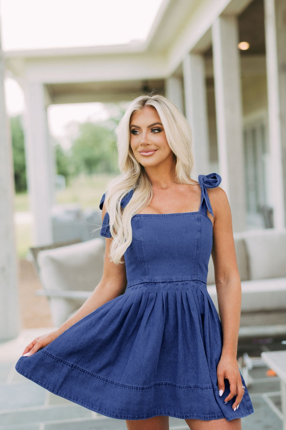 Square Neck Tie Shoulder Denim Dress – Classic, Cool & Unapologetically You