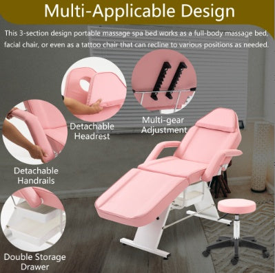 Adjustable 3-Section Massage Salon Chair with Hydraulic Stool & Trays – Multi-Purpose Esthetician Facial Bed for Spa, Beauty, Barber Shops – Pink