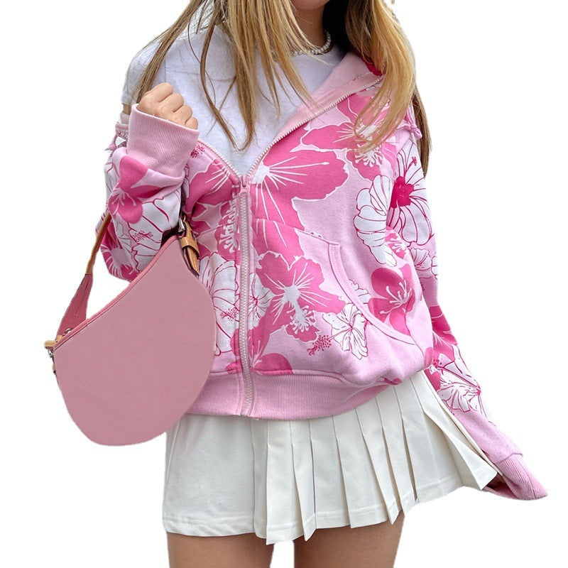 Trendy Women's Sweet Zipper Print Hooded Sweatshirt Hoodie