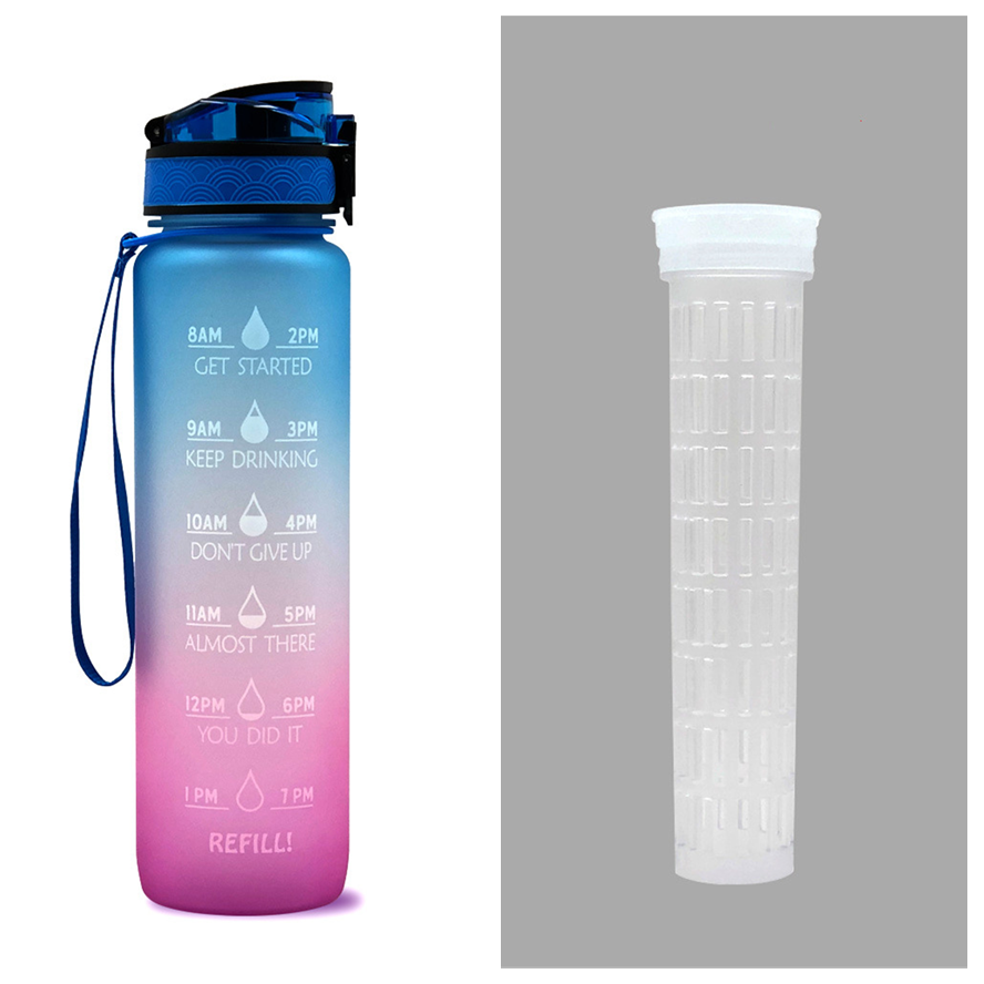 Motivational Water Bottle 1L Tritan with Time Marker, Bounce Cover for Cycling, Leakproof Cup - Ideal for Sports Fitness Bottles