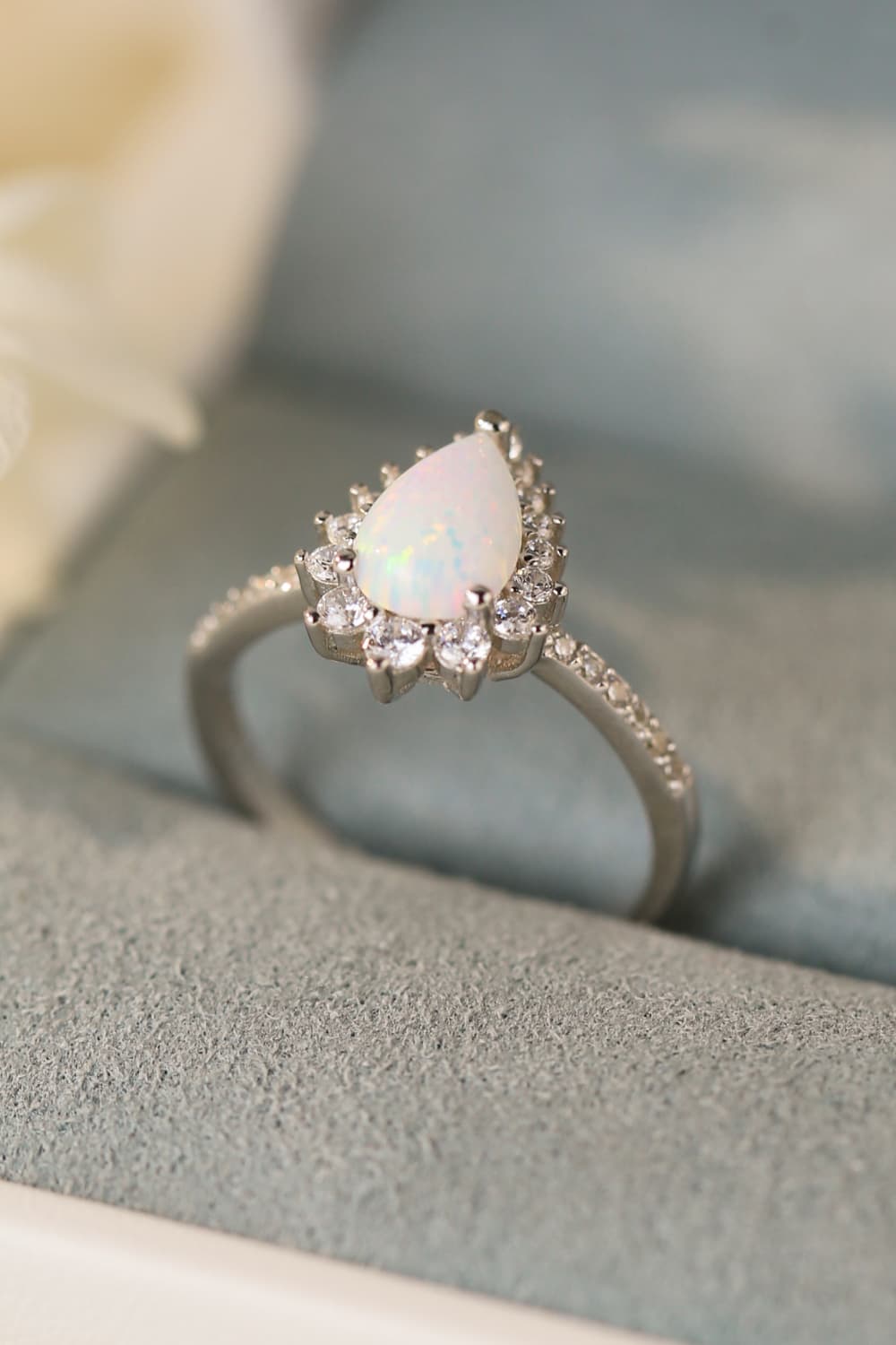 Pear Cut Opal Ring – Platinum-Plated 925 Sterling Silver with Zircon Accents