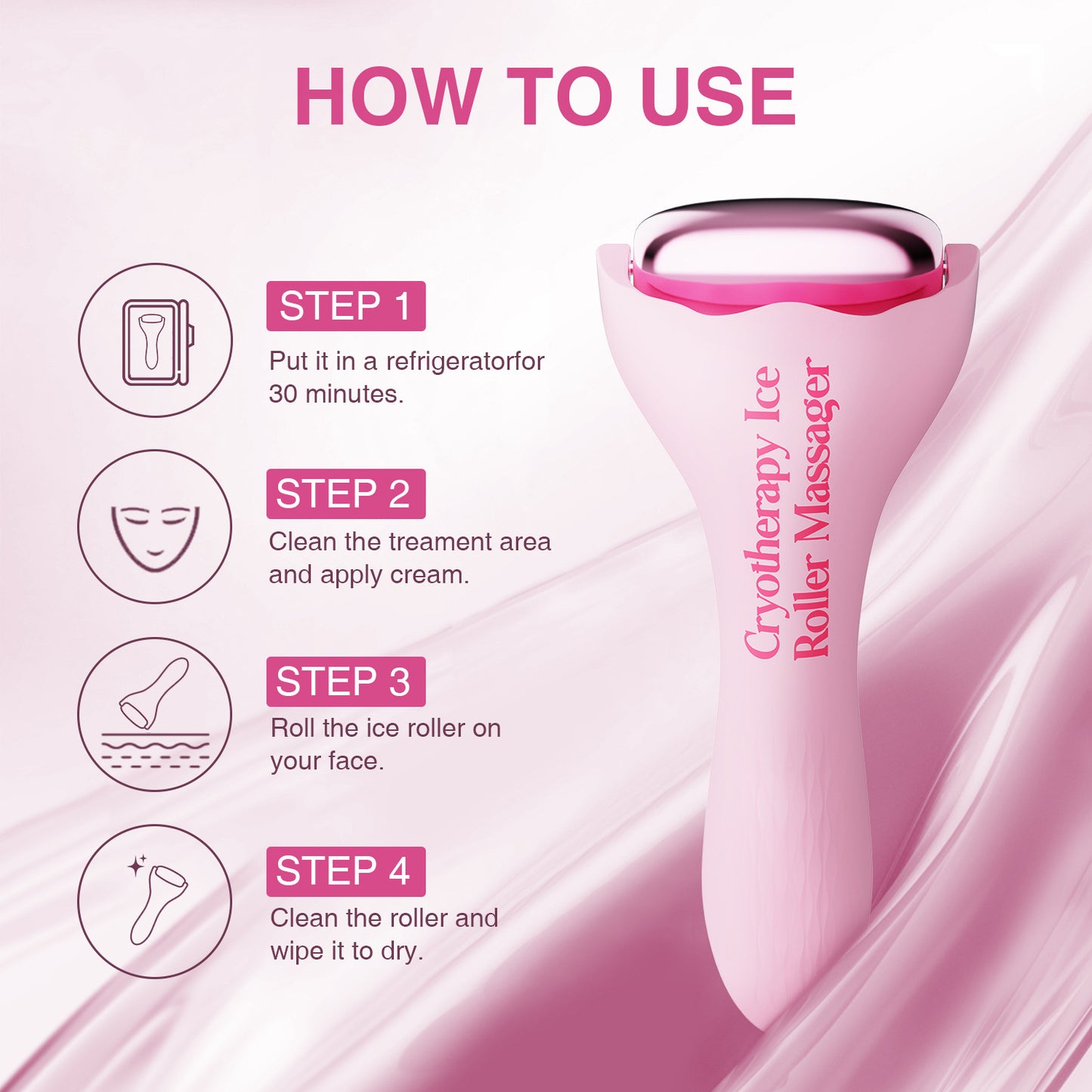 Pink Ice Roller – Beauty Instrument for Facelift, Puffiness & Product Absorption