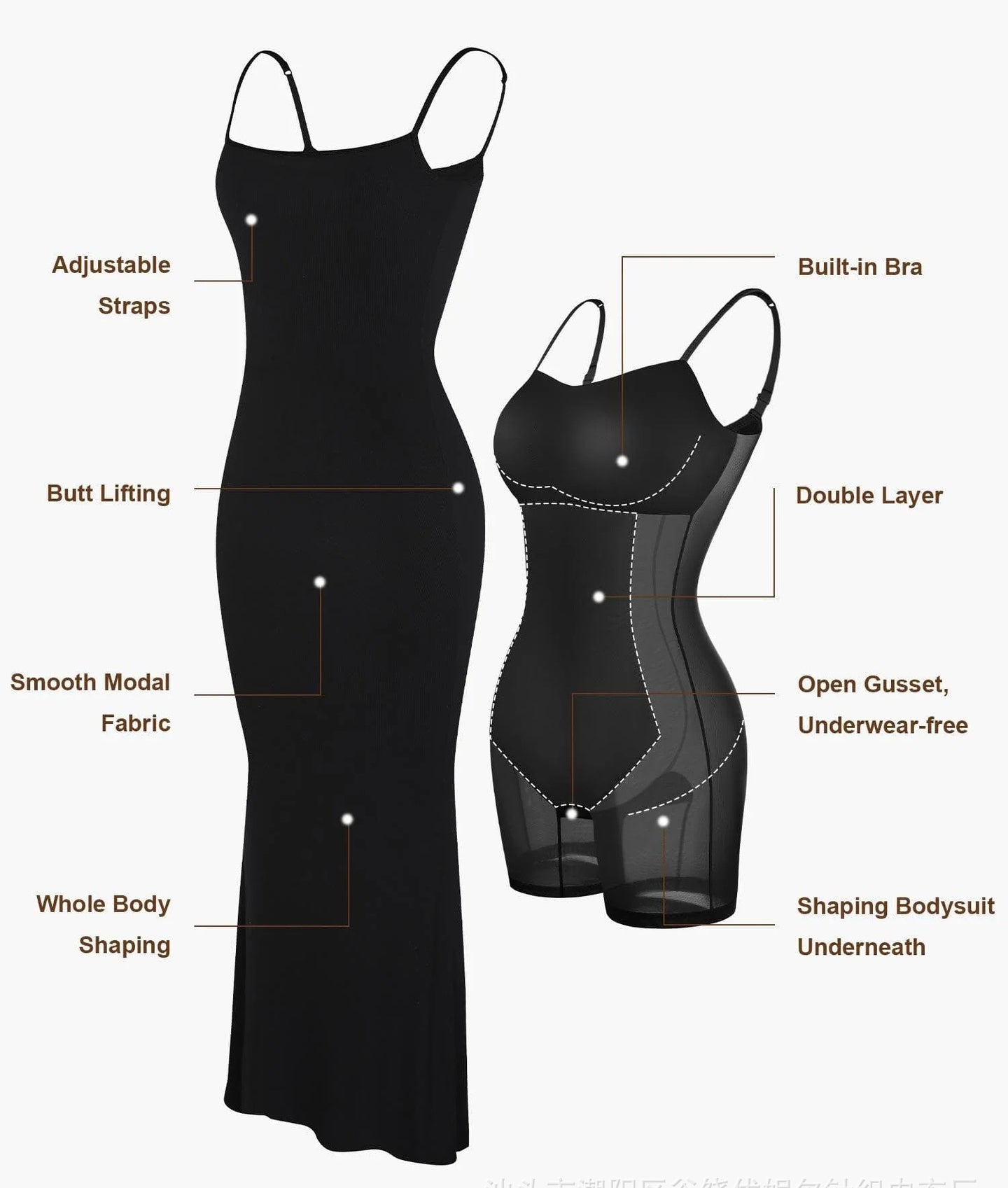 Women’s Shapewear Dress Jumpsuit – Tummy Control Bodysuit, Open Crotch, Lift Corset, Long Skirt & Chest Support